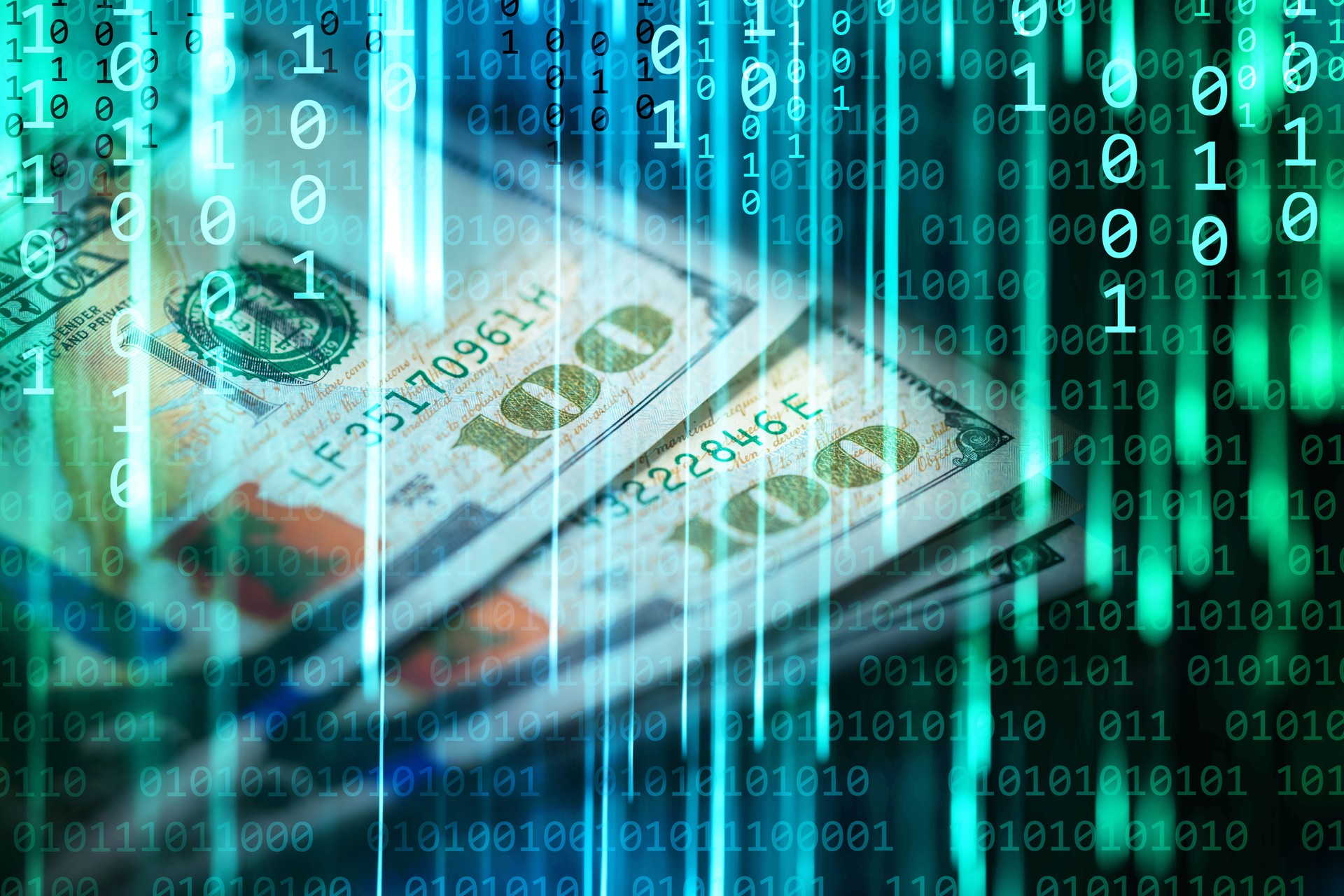 Financial Technologies - binary code background with dollar bills